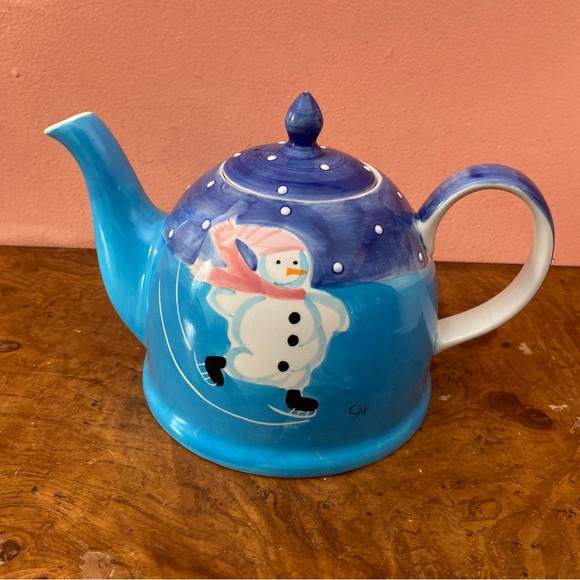 2002  Le Gourmet Chef Hand Painted Ice Skating Snowman Teapot - Picture 13 of 16